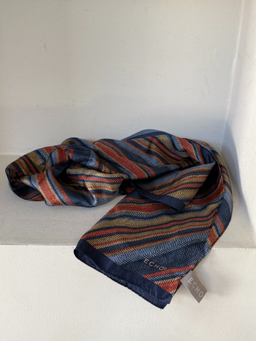 Echo 100% Silk Herringbone Stripe Oblong Scarf Navy Rust Tan Lightweight